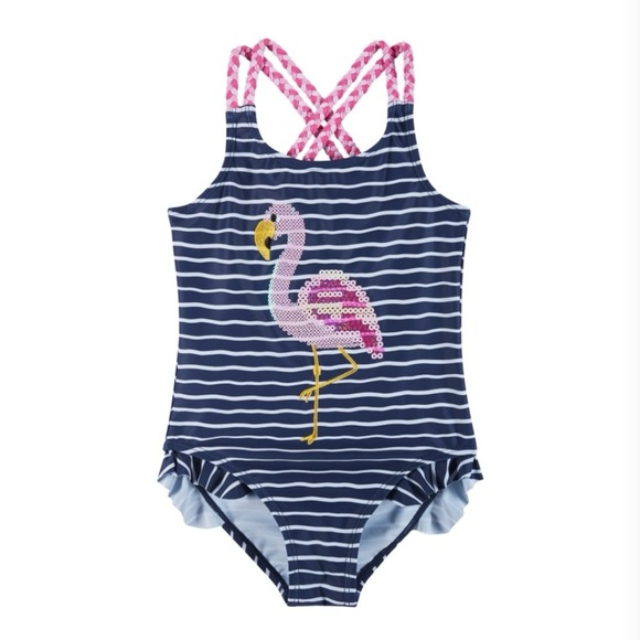 Andy & Evan NWT Sz 5 Kids Navy & White stripes with pink Flamingo Swimsuit - Picture 1 of 7